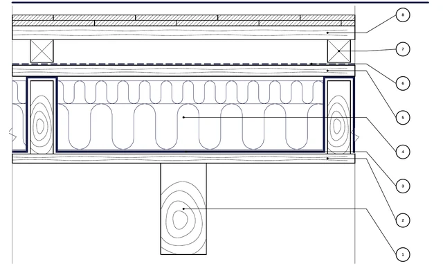 CAD detail ISO-ACO-04: Habitable attic with exposed rafters — Gold in cavities